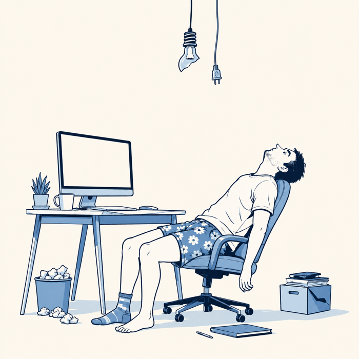 Karim renversé sur sa chaise de bureau, tête en arrière fixant le plafond, un écran vide face à lui et une ampoule éteinte au-dessus de sa tête.
