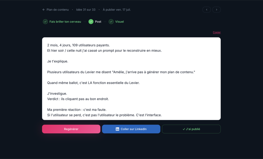 Écran de rédaction Le Levier — post LinkedIn finalisé prêt à publier.