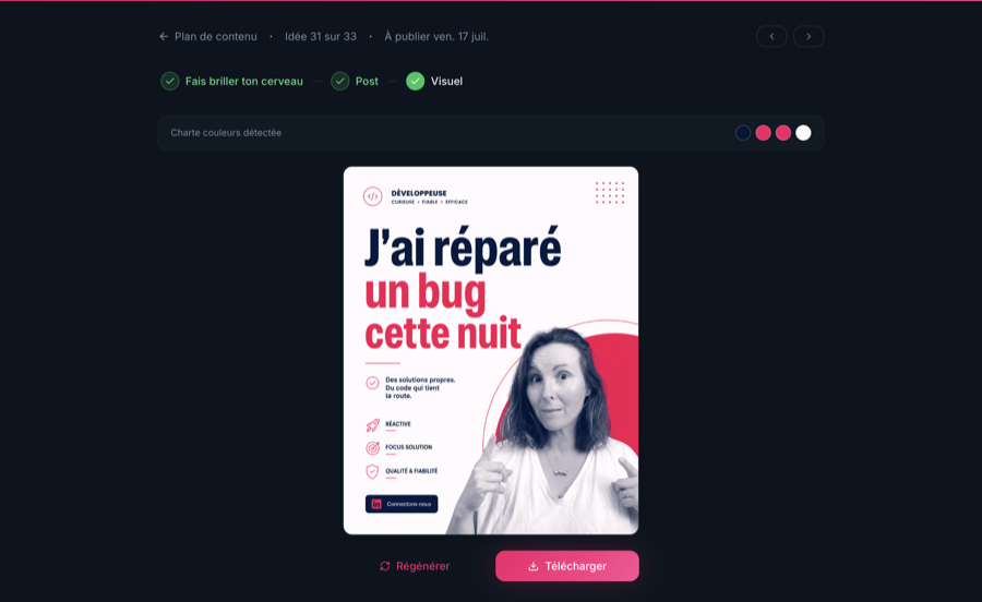 Écran du générateur de visuel Le Levier — visuel LinkedIn créé pour le post.